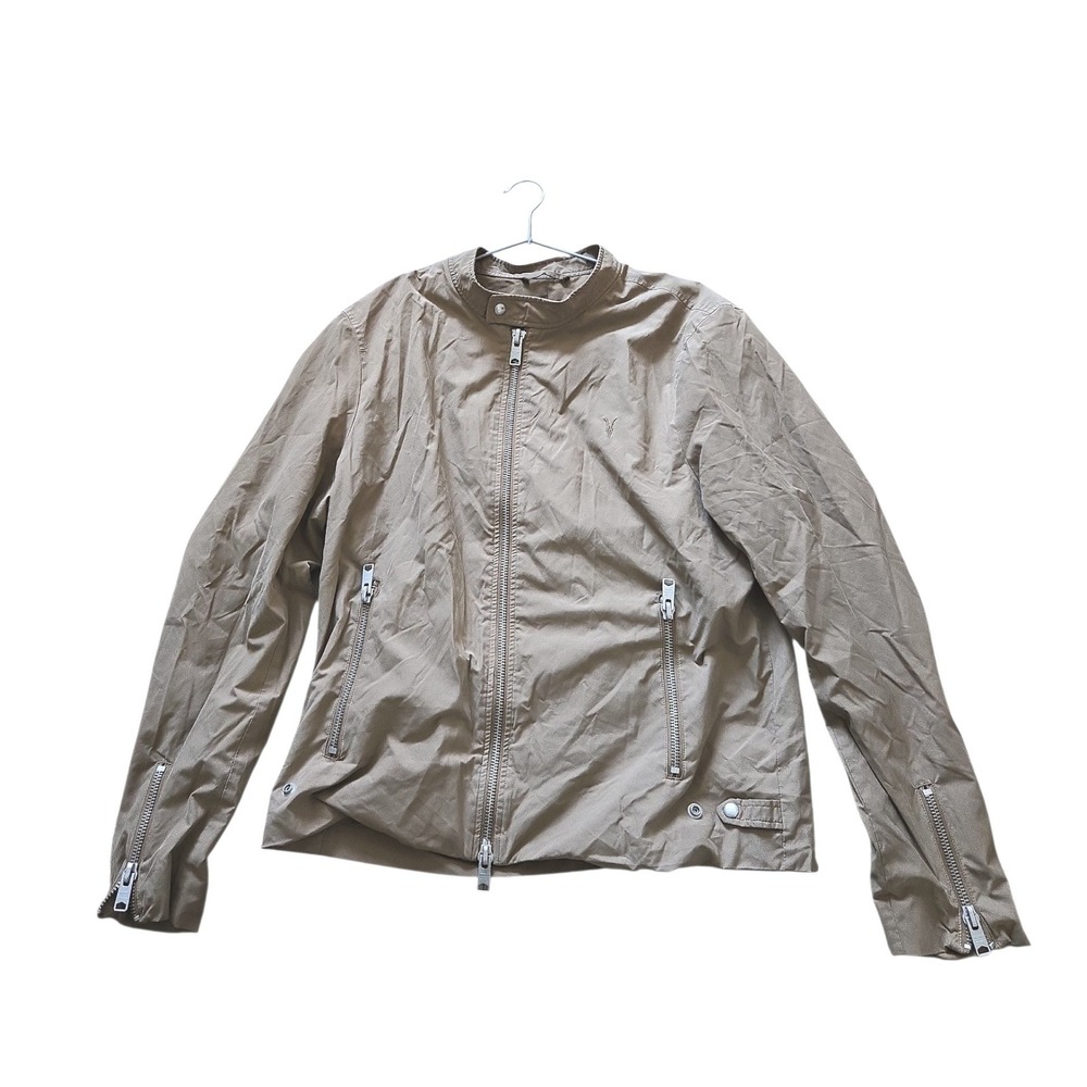 AllSaints‎ Mens Tan Khaki Racer Bomber Jacket XL Embroidered Logo Zip Cuffs - Picture 2 of 16